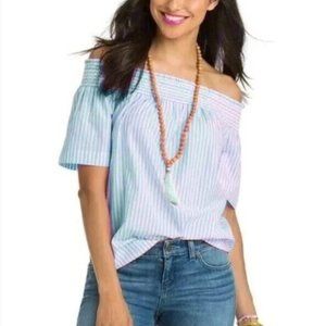 Vineyard Vines Off Shoulder Top Size Small Smocked Striped Blue White 2W6059